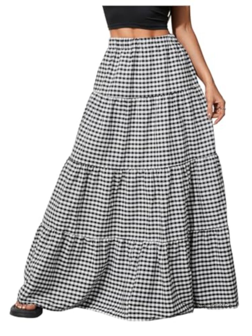 Women's Floral Plaid Maxi Skirt Ruffle Layer Flow Long Boho A-Line